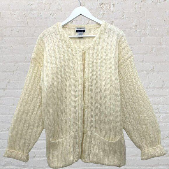 ๐งธ Express Tricot M Vintage Mohair Cardigan Cream Fuzzy 80s 90s Chunky Knit - Picture 2 of 14